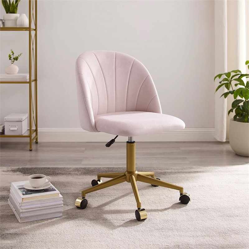 Pemberly Row Upholstered Adjustable Swivel Desk Chair Gold Legs in Blush Pink