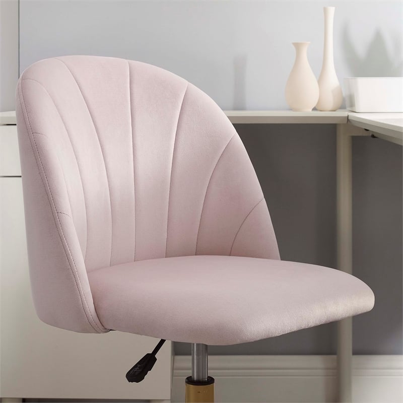 Pemberly Row Upholstered Adjustable Swivel Desk Chair Gold Legs in Blush Pink