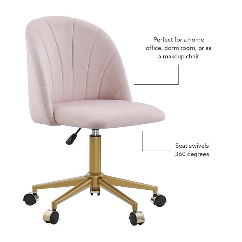 Pemberly Row Upholstered Adjustable Swivel Desk Chair Gold Legs in Blush Pink