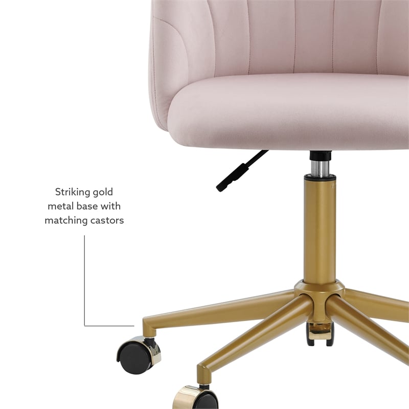 Pemberly Row Upholstered Adjustable Swivel Desk Chair Gold Legs in Blush Pink