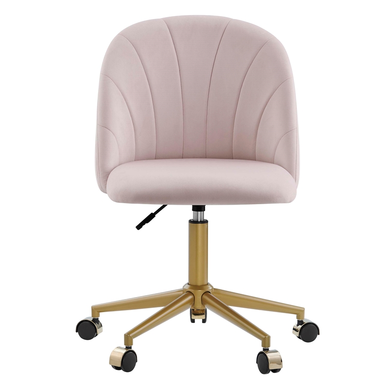 Pemberly Row Upholstered Adjustable Swivel Desk Chair Gold Legs in Blush Pink