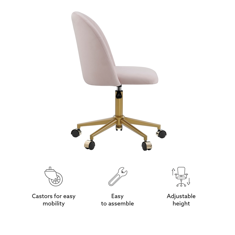 Pemberly Row Upholstered Adjustable Swivel Desk Chair Gold Legs in Blush Pink