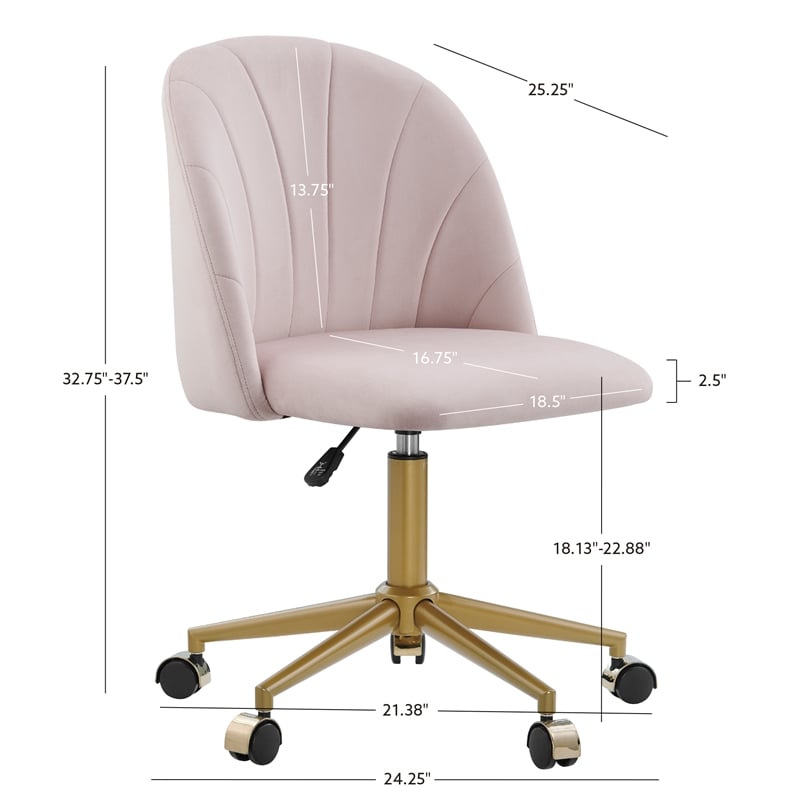Pemberly Row Upholstered Adjustable Swivel Desk Chair Gold Legs in Blush Pink