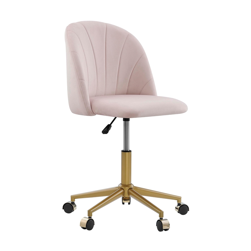 Pemberly Row Upholstered Adjustable Swivel Desk Chair Gold Legs in Blush Pink