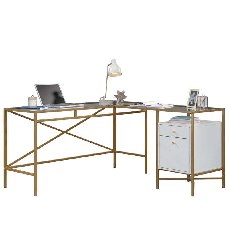 Pemberly Row Contemporary  Engineered Wood L-Desk in White Finish