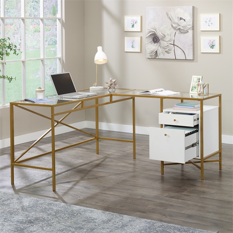 Pemberly Row Contemporary  Engineered Wood L-Desk in White Finish