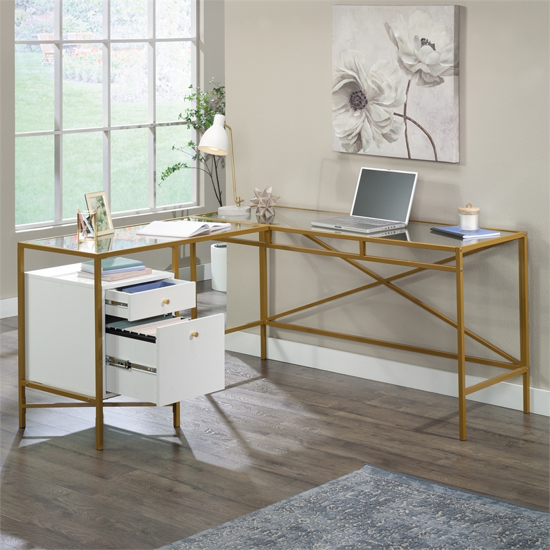 Pemberly Row Contemporary  Engineered Wood L-Desk in White Finish