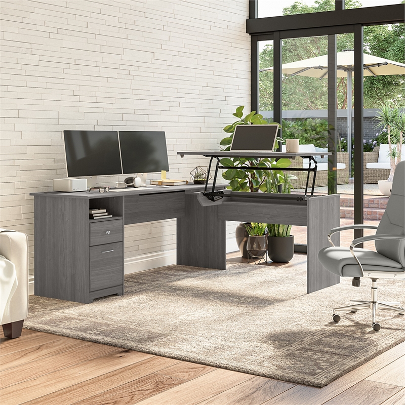 Pemberly Row 72W 3 Position Sit to St& L Shaped Desk in Gray - Engineered Wood