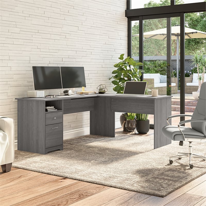 Pemberly Row 72W L Shaped Computer Desk with Drawers in Gray - Engineered Wood