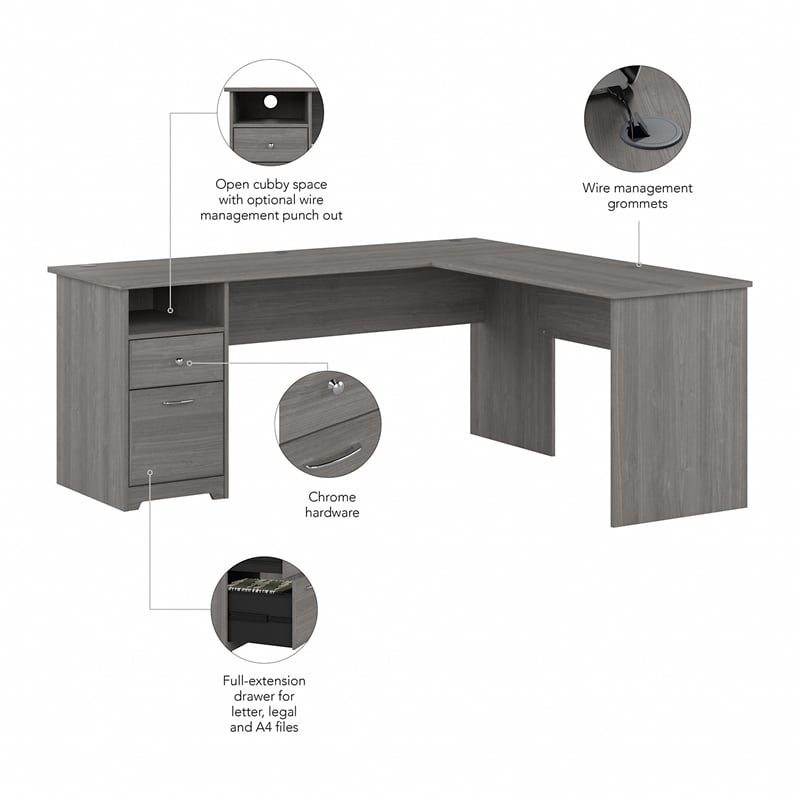 Pemberly Row 72W L Shaped Computer Desk with Drawers in Gray - Engineered Wood