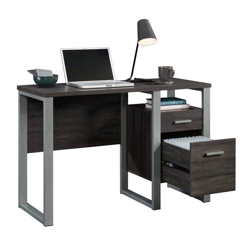 Pemberly Row Contemporary Engineered Wood and Metal Desk in Blade Walnut