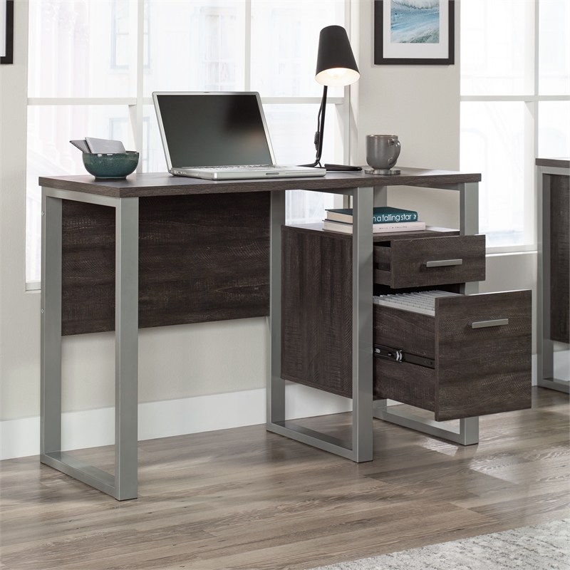 Pemberly Row Contemporary Engineered Wood and Metal Desk in Blade Walnut