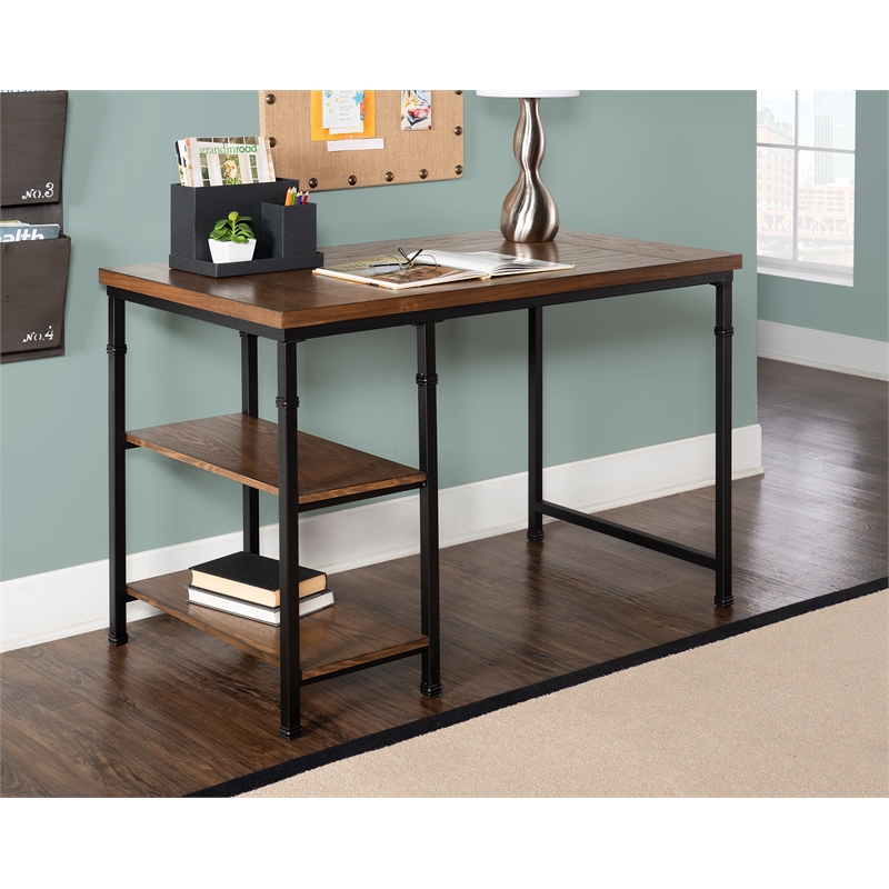 Pemberly Row Sturdy Rustic Desk with 2 Wood Shelves and Metal Frame in Black