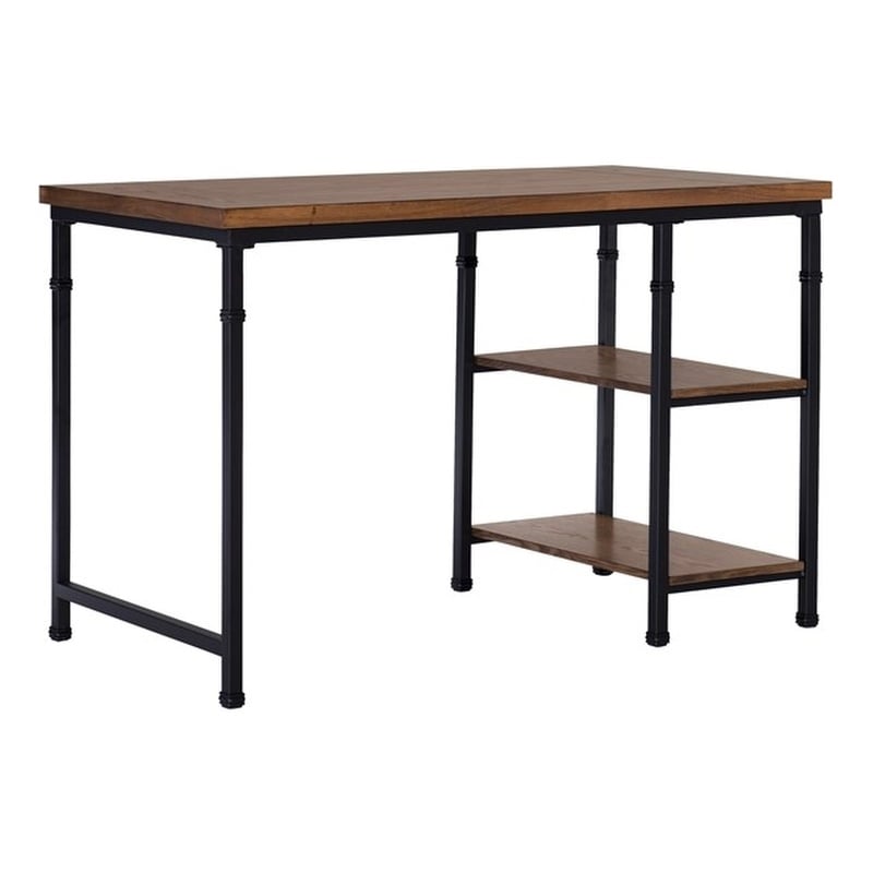 Pemberly Row Sturdy Rustic Desk with 2 Wood Shelves and Metal Frame in Black