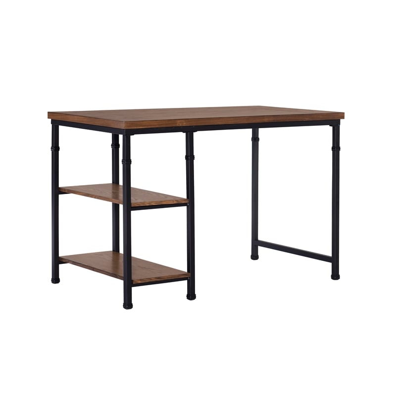 Pemberly Row Sturdy Rustic Desk with 2 Wood Shelves and Metal Frame in Black