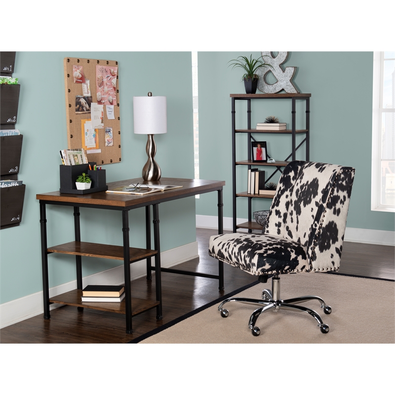 Pemberly Row Sturdy Rustic Desk with 2 Wood Shelves and Metal Frame in Black