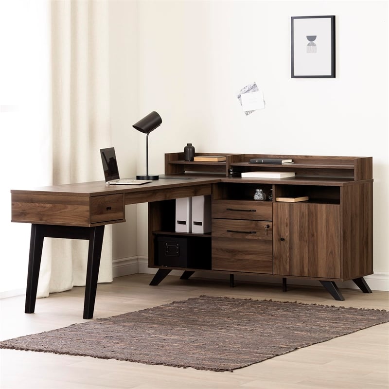 Pemberly Row L-Shaped Desk with Power Bar Natural Walnut Pemberly Row