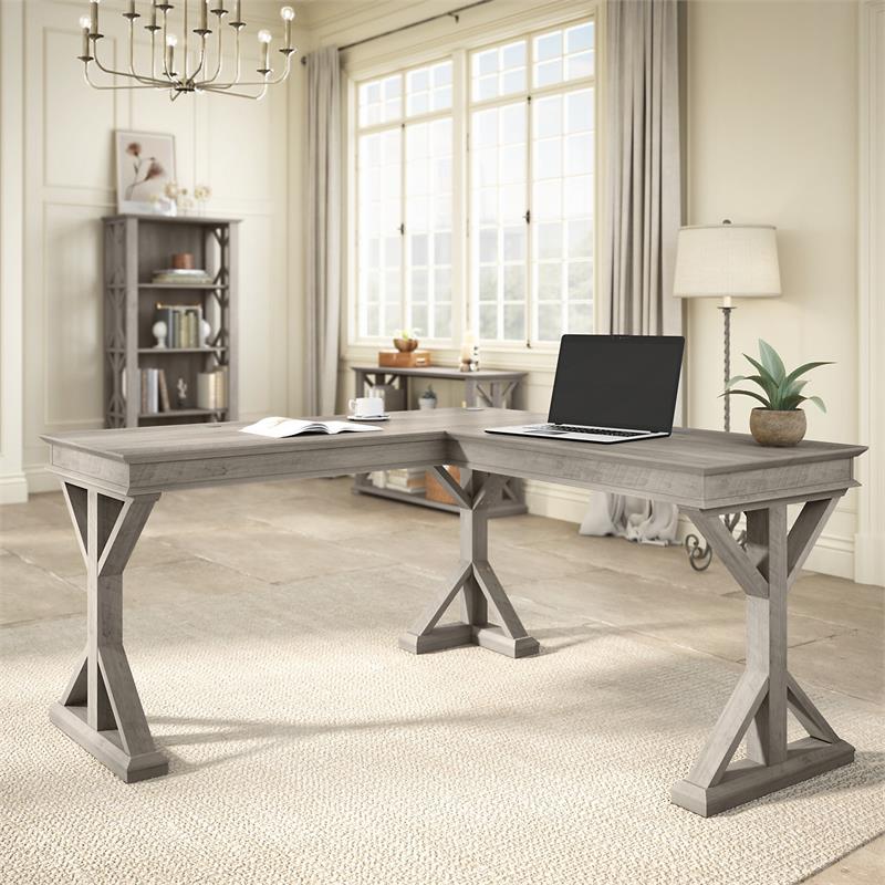 Pemberly Row 60W Farmhouse L Shaped Desk in Driftwood Gray - Engineered Wood