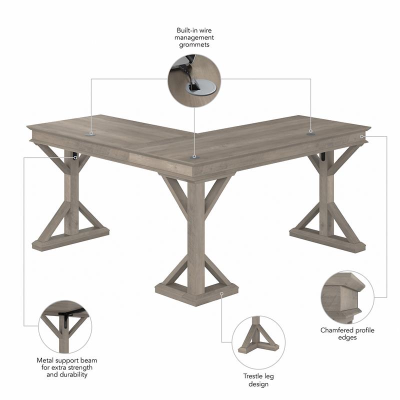 Pemberly Row 60W Farmhouse L Shaped Desk in Driftwood Gray - Engineered Wood