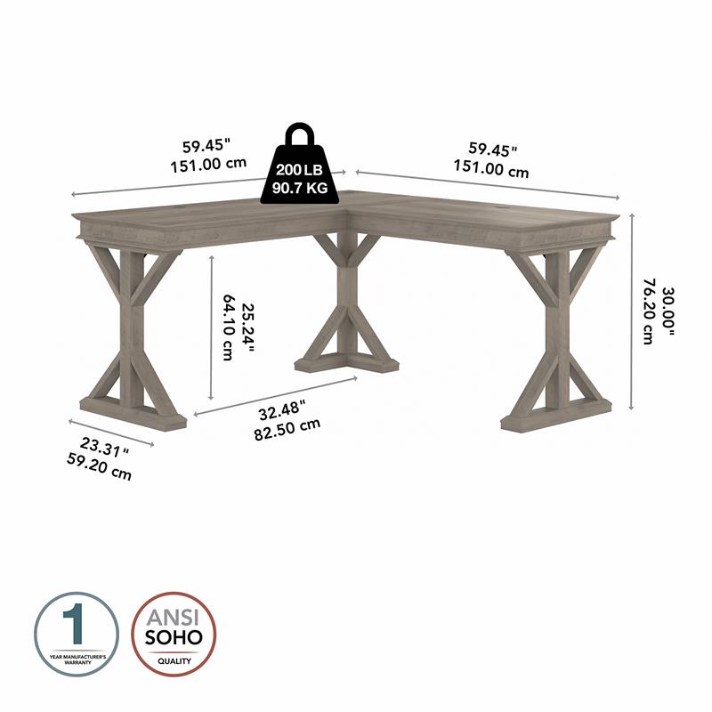 Pemberly Row 60W Farmhouse L Shaped Desk in Driftwood Gray - Engineered Wood