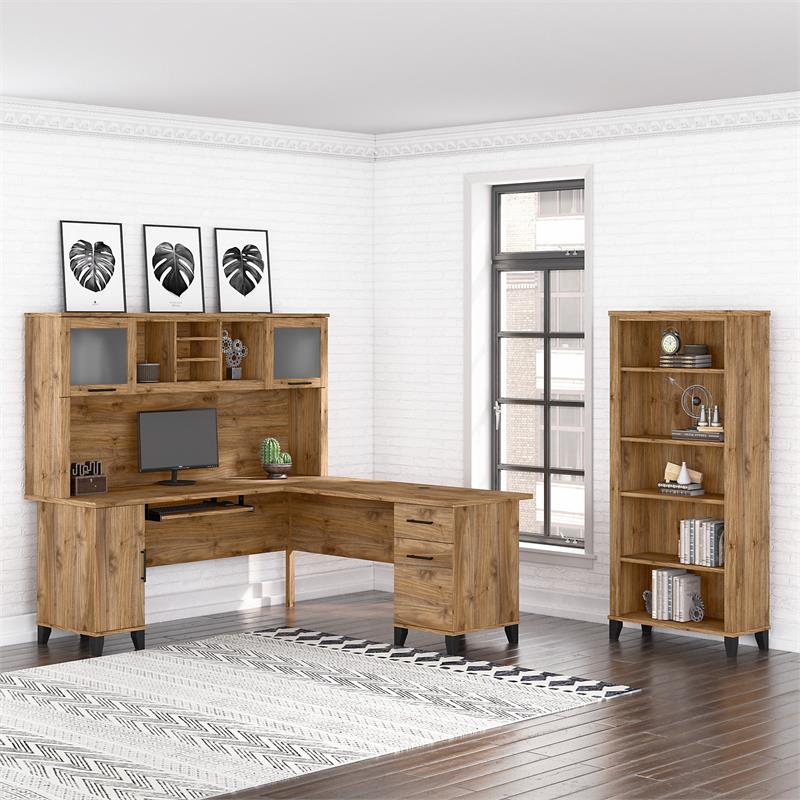 Pemberly Row 72W L Desk with Hutch & Bookcase in Fresh Walnut - Engineered Wood