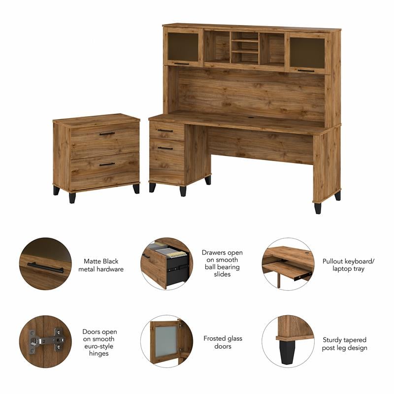 Pemberly Row 72W L Desk with Hutch & Bookcase in Fresh Walnut - Engineered Wood