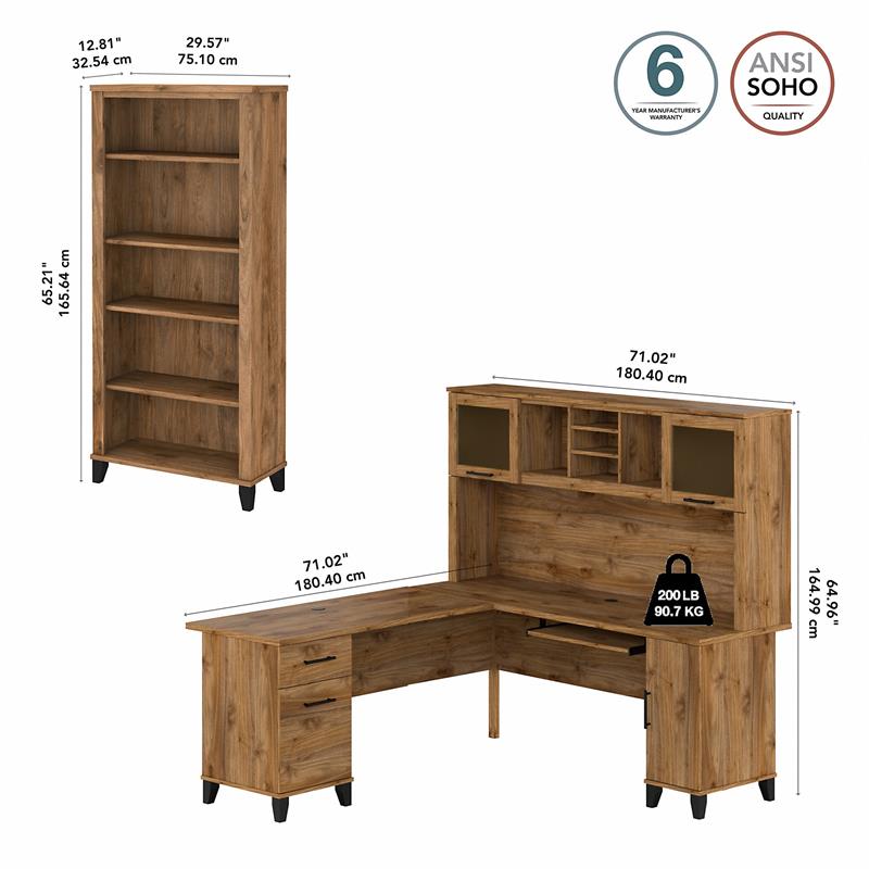 Pemberly Row 72W L Desk with Hutch & Bookcase in Fresh Walnut - Engineered Wood
