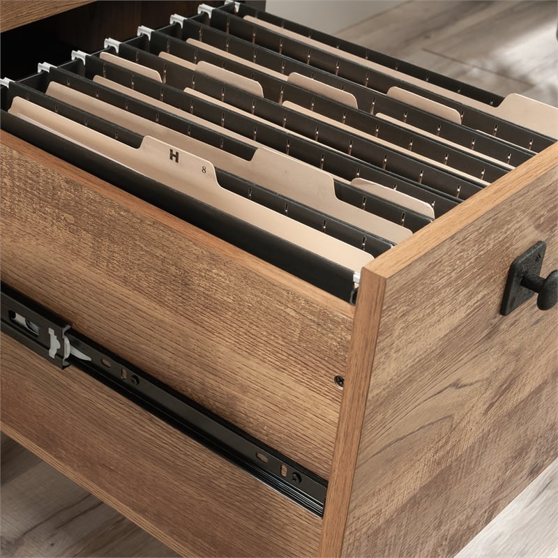 Pemberly Row Contemporary Engineered Wood and Metal Desk in Etched Oak