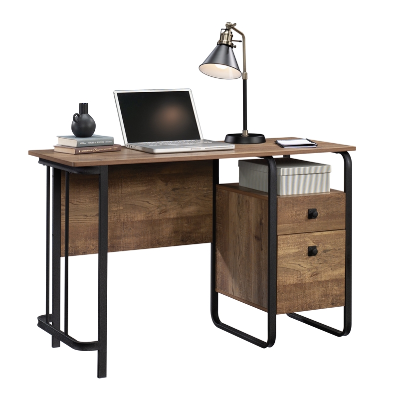 Pemberly Row Contemporary Engineered Wood and Metal Desk in Etched Oak