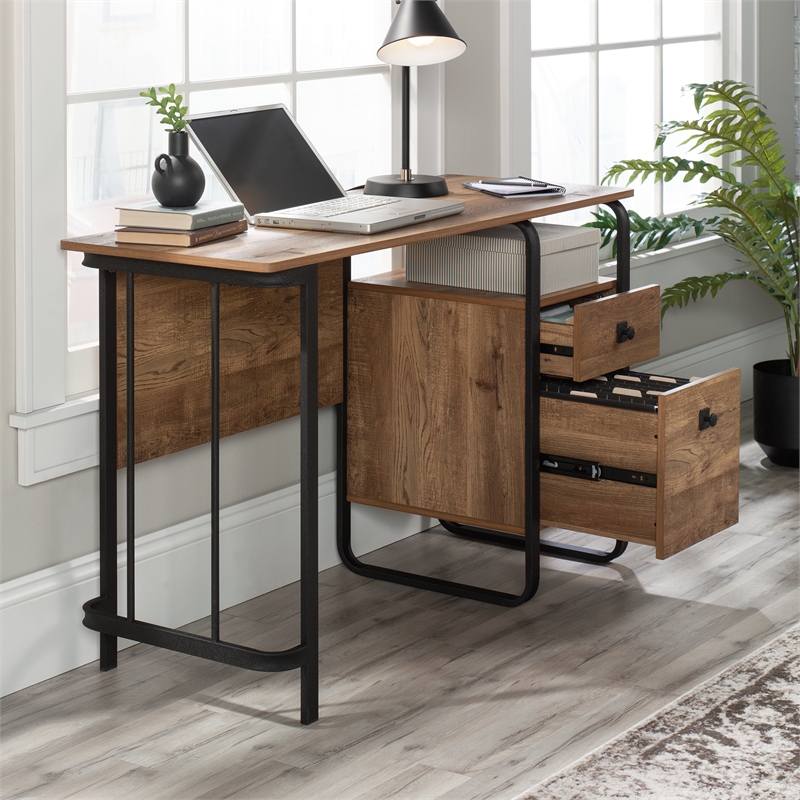 Pemberly Row Contemporary Engineered Wood and Metal Desk in Etched Oak