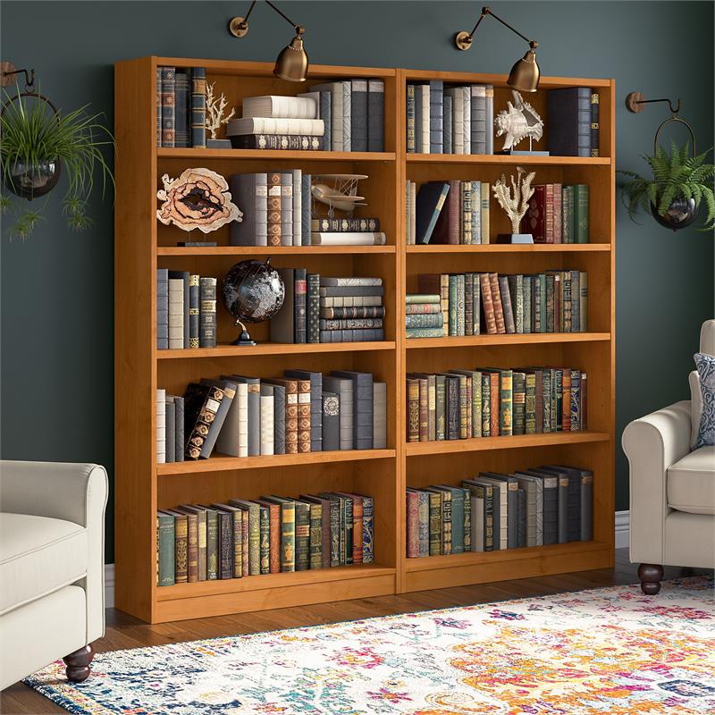Pemberly Row Engineered Wood Tall 5 Shelf Bookcase in Natural Cherry (Set of 2)
