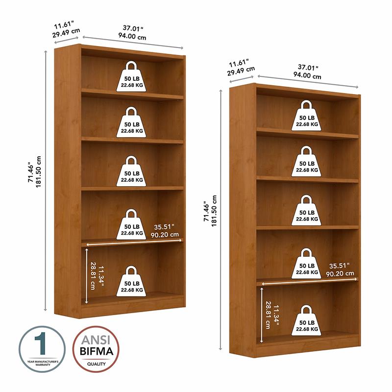 Pemberly Row Engineered Wood Tall 5 Shelf Bookcase in Natural Cherry (Set of 2)