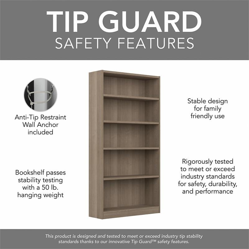 Pemberly Row Tall 5 Shelf Bookcase in Ash Gray - Engineered Wood