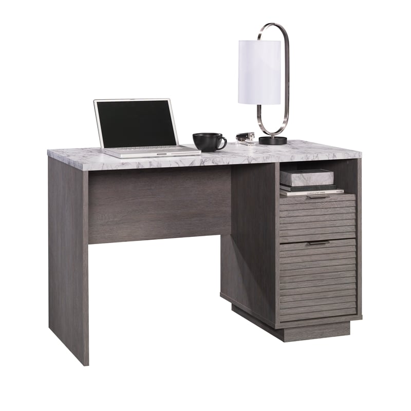 Pemberly Row Engineered Wood Single Pedestal Desk in Ashen Oak