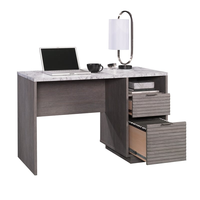 Pemberly Row Engineered Wood Single Pedestal Desk in Ashen Oak