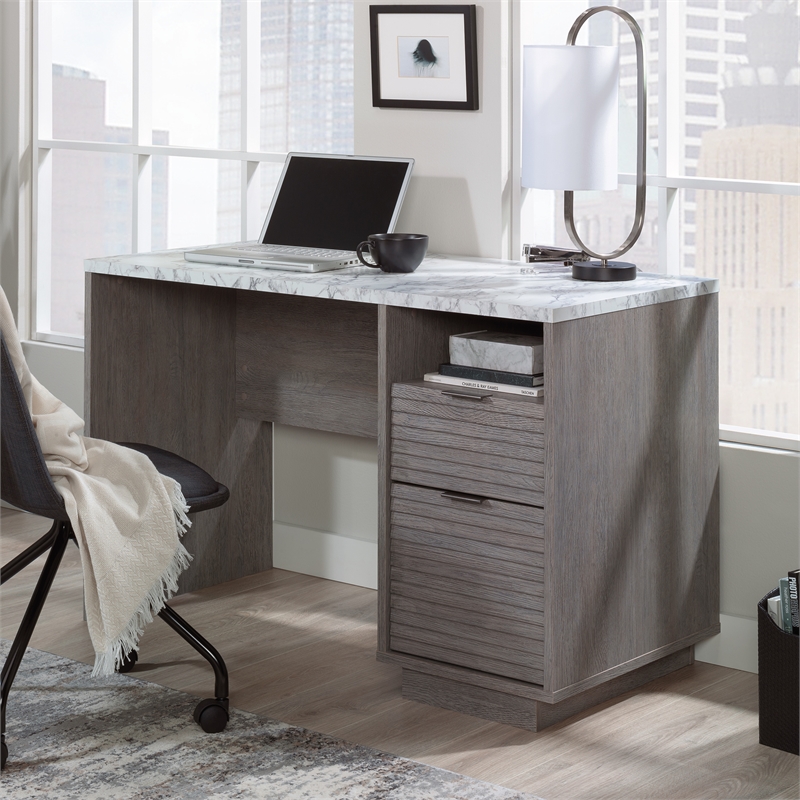 Pemberly Row Engineered Wood Single Pedestal Desk in Ashen Oak