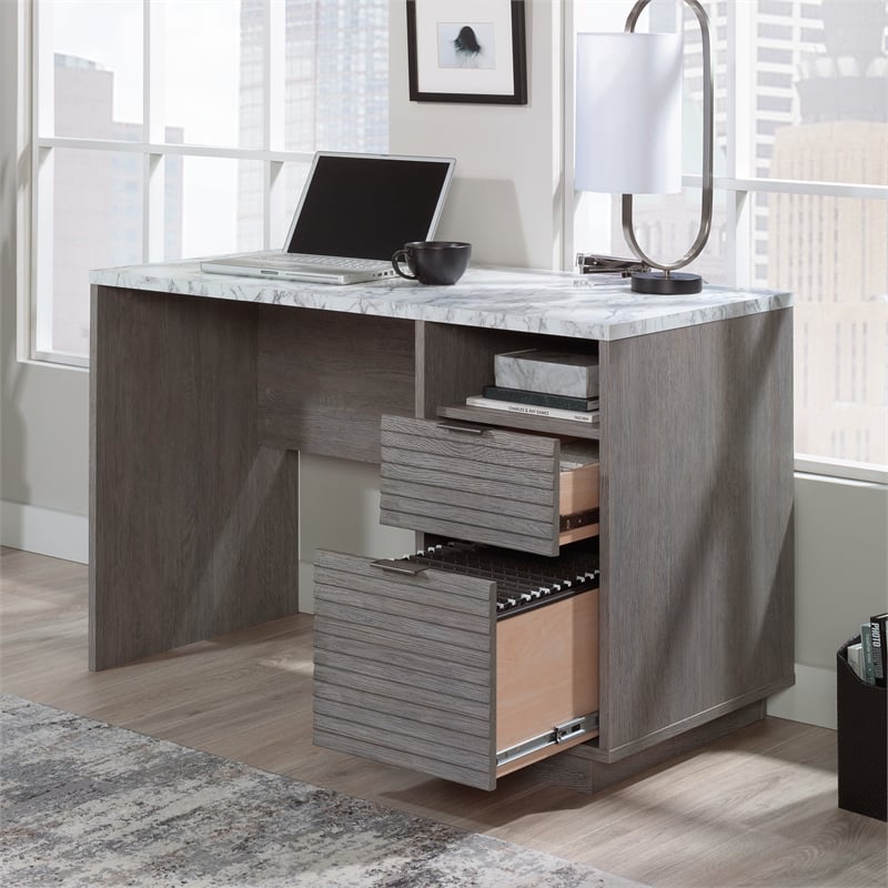 Pemberly Row Engineered Wood Single Pedestal Desk in Ashen Oak