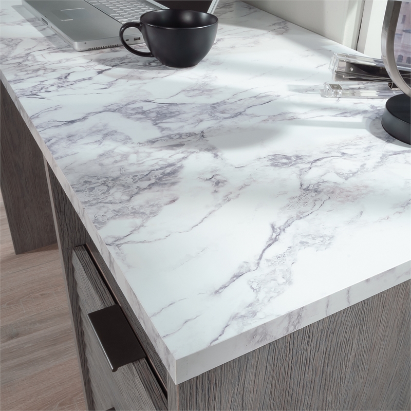 Pemberly Row Engineered Wood Single Pedestal Desk in Ashen Oak