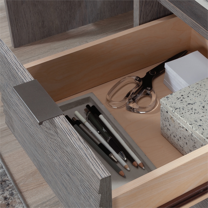 Pemberly Row Engineered Wood Single Pedestal Desk in Ashen Oak