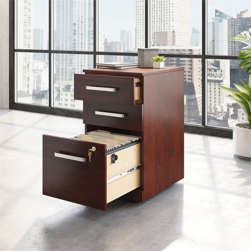 Pemberly Row Engineered Wood 3-Drawer Mobile Filing Cabinet in Classic Cherry