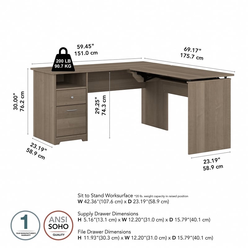 Pemberly Row 60W 3 Position L Shaped Sit St& Desk in Ash Gray - Engineered Wood