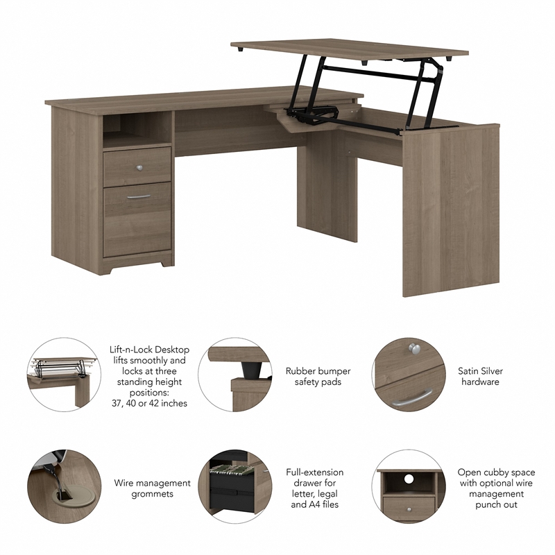 Pemberly Row 60W 3 Position L Shaped Sit St& Desk in Ash Gray - Engineered Wood