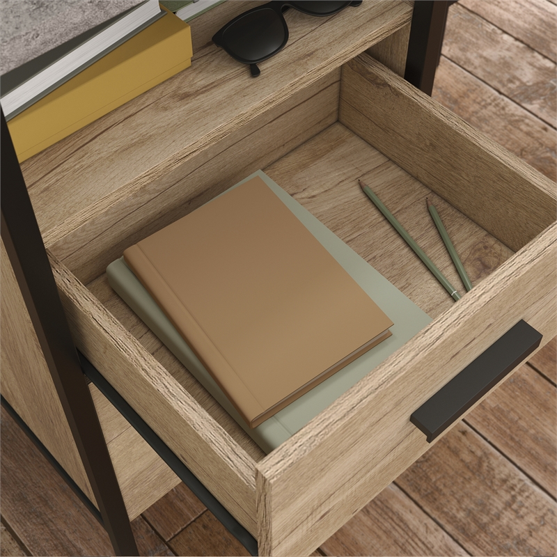 Pemberly Row Contemporary Engineered Wood/Metal L-Desk in Prime Oak