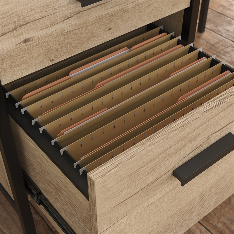 Pemberly Row Contemporary Engineered Wood/Metal L-Desk in Prime Oak