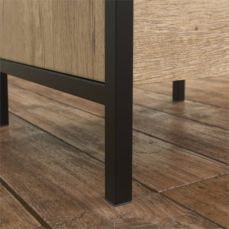 Pemberly Row Contemporary Engineered Wood/Metal L-Desk in Prime Oak