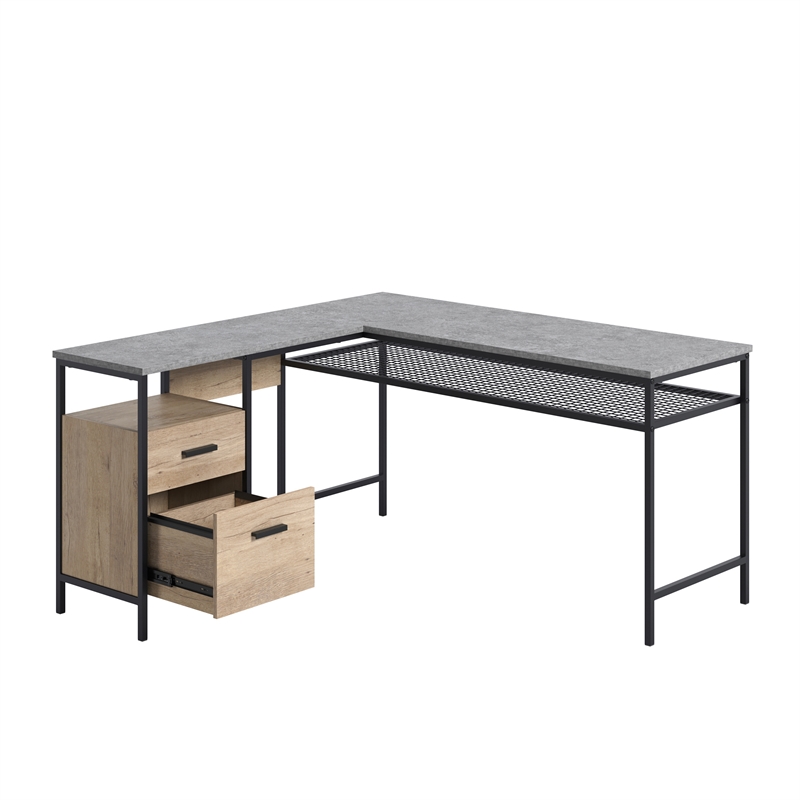 Pemberly Row Contemporary Engineered Wood/Metal L-Desk in Prime Oak