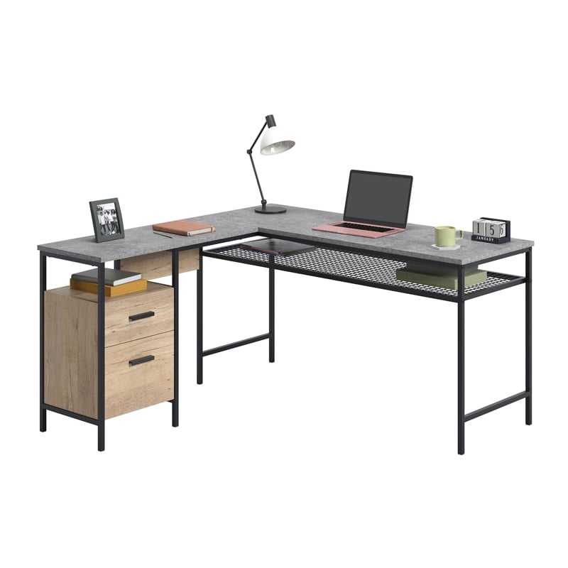 Pemberly Row Contemporary Engineered Wood/Metal L-Desk in Prime Oak