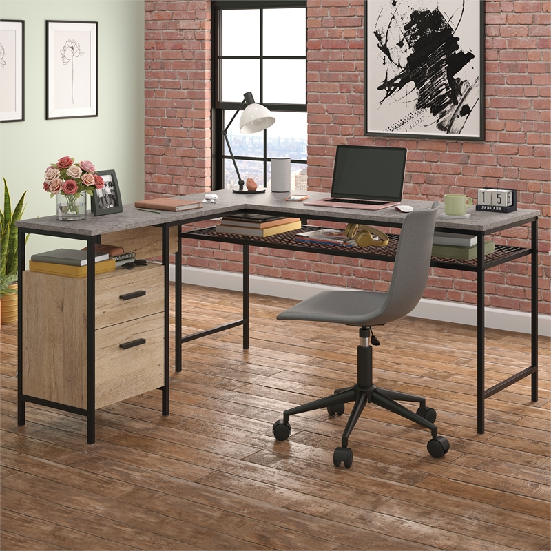 Pemberly Row Contemporary Engineered Wood/Metal L-Desk in Prime Oak