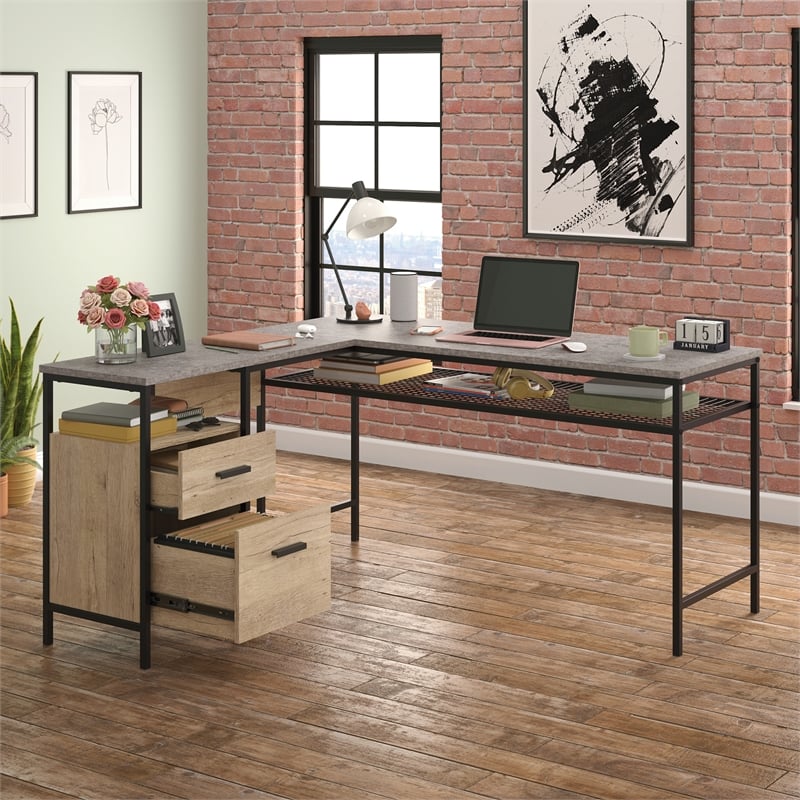 Pemberly Row Contemporary Engineered Wood/Metal L-Desk in Prime Oak