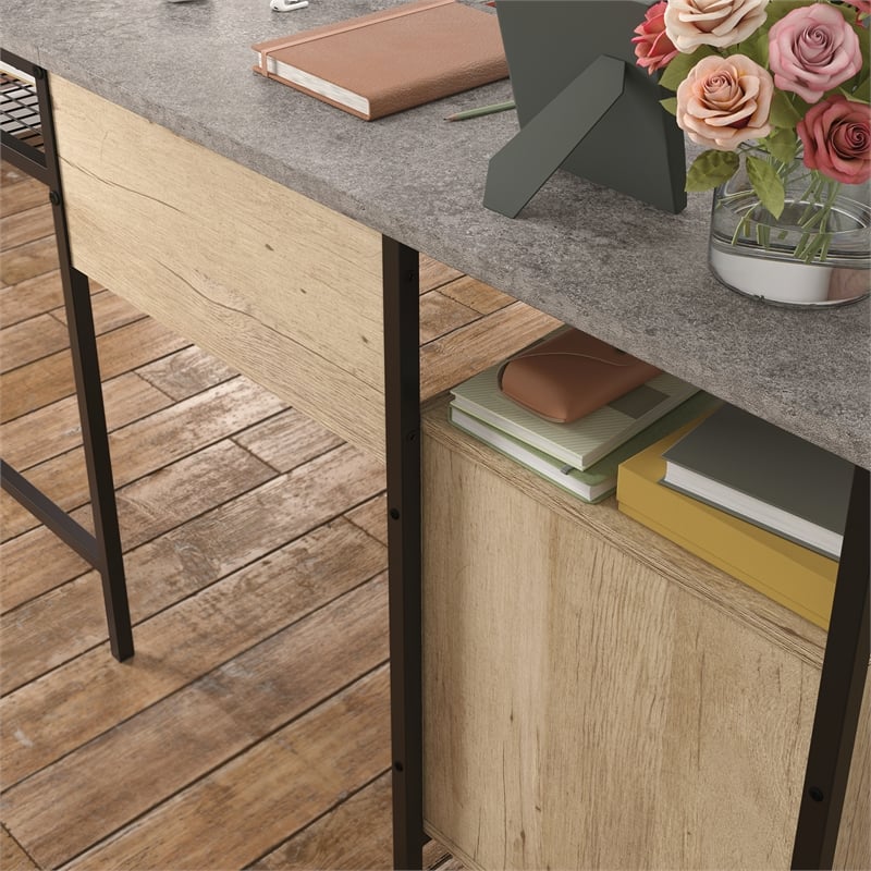 Pemberly Row Contemporary Engineered Wood/Metal L-Desk in Prime Oak